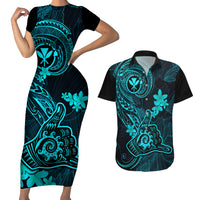 Hawaii Couples Matching Short Sleeve Bodycon Dress and Hawaiian Shirt Shaka Tattoo Mix Polynesian Plumeria Turquoise Version - Wonder Print Shop