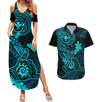 Hawaii Couples Matching Summer Maxi Dress and Hawaiian Shirt Shaka Tattoo Mix Polynesian Plumeria Turquoise Version - Wonder Print Shop