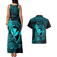 Hawaii Couples Matching Tank Maxi Dress and Hawaiian Shirt Shaka Tattoo Mix Polynesian Plumeria Turquoise Version - Wonder Print Shop