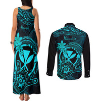 Hawaii Couples Matching Tank Maxi Dress and Long Sleeve Button Shirts Shaka Tattoo Mix Polynesian Plumeria Turquoise Version - Wonder Print Shop