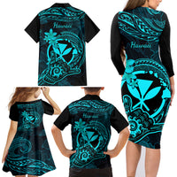 Hawaii Family Matching Long Sleeve Bodycon Dress and Hawaiian Shirt Shaka Tattoo Mix Polynesian Plumeria Turquoise Version - Wonder Print Shop