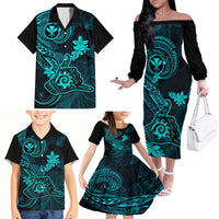 Hawaii Family Matching Off Shoulder Long Sleeve Dress and Hawaiian Shirt Shaka Tattoo Mix Polynesian Plumeria Turquoise Version - Wonder Print Shop