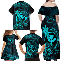 Hawaii Family Matching Off Shoulder Long Sleeve Dress and Hawaiian Shirt Shaka Tattoo Mix Polynesian Plumeria Turquoise Version - Wonder Print Shop