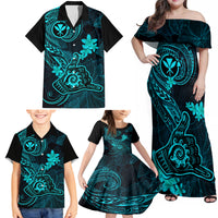 Hawaii Family Matching Off Shoulder Maxi Dress and Hawaiian Shirt Shaka Tattoo Mix Polynesian Plumeria Turquoise Version - Wonder Print Shop