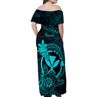 Hawaii Family Matching Off Shoulder Maxi Dress and Hawaiian Shirt Shaka Tattoo Mix Polynesian Plumeria Turquoise Version - Wonder Print Shop