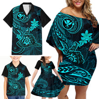 Hawaii Family Matching Off Shoulder Short Dress and Hawaiian Shirt Shaka Tattoo Mix Polynesian Plumeria Turquoise Version - Wonder Print Shop