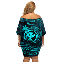 Hawaii Family Matching Off Shoulder Short Dress and Hawaiian Shirt Shaka Tattoo Mix Polynesian Plumeria Turquoise Version - Wonder Print Shop