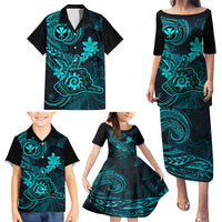 Hawaii Family Matching Puletasi Dress and Hawaiian Shirt Shaka Tattoo Mix Polynesian Plumeria Turquoise Version - Wonder Print Shop