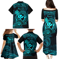 Hawaii Family Matching Puletasi Dress and Hawaiian Shirt Shaka Tattoo Mix Polynesian Plumeria Turquoise Version - Wonder Print Shop