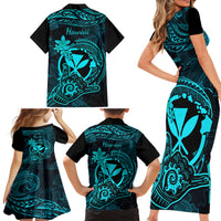 Hawaii Family Matching Short Sleeve Bodycon Dress and Hawaiian Shirt Shaka Tattoo Mix Polynesian Plumeria Turquoise Version - Wonder Print Shop