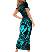 Hawaii Family Matching Short Sleeve Bodycon Dress and Hawaiian Shirt Shaka Tattoo Mix Polynesian Plumeria Turquoise Version - Wonder Print Shop