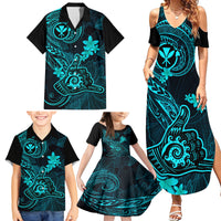 Hawaii Family Matching Summer Maxi Dress and Hawaiian Shirt Shaka Tattoo Mix Polynesian Plumeria Turquoise Version - Wonder Print Shop