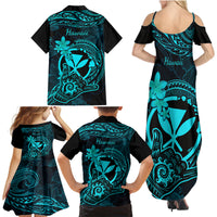 Hawaii Family Matching Summer Maxi Dress and Hawaiian Shirt Shaka Tattoo Mix Polynesian Plumeria Turquoise Version - Wonder Print Shop