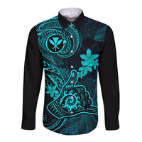 Hawaii Long Sleeve Button Shirt Shaka Tattoo Mix Polynesian Plumeria Turquoise Version - Wonder Print Shop
