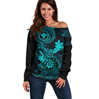 Hawaii Off Shoulder Sweater Shaka Tattoo Mix Polynesian Plumeria Turquoise Version - Wonder Print Shop