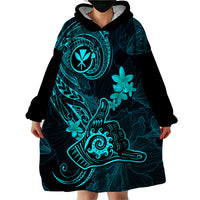 Hawaii Wearable Blanket Hoodie Shaka Tattoo Mix Polynesian Plumeria Turquoise Version - Wonder Print Shop