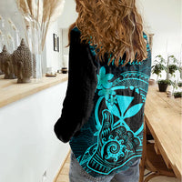 Hawaii Women Casual Shirt Shaka Tattoo Mix Polynesian Plumeria Turquoise Version - Wonder Print Shop