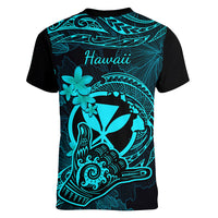 Hawaii Women V Neck T Shirt Shaka Tattoo Mix Polynesian Plumeria Turquoise Version - Wonder Print Shop