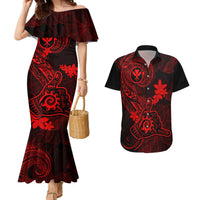 Hawaii Couples Matching Mermaid Dress and Hawaiian Shirt Shaka Tattoo Mix Polynesian Plumeria Red Version - Wonder Print Shop