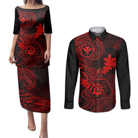 Hawaii Couples Matching Puletasi Dress and Long Sleeve Button Shirts Shaka Tattoo Mix Polynesian Plumeria Red Version - Wonder Print Shop