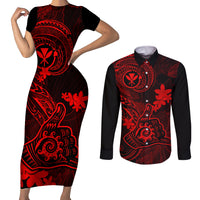 Hawaii Couples Matching Short Sleeve Bodycon Dress and Long Sleeve Button Shirts Shaka Tattoo Mix Polynesian Plumeria Red Version - Wonder Print Shop