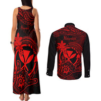 Hawaii Couples Matching Tank Maxi Dress and Long Sleeve Button Shirts Shaka Tattoo Mix Polynesian Plumeria Red Version - Wonder Print Shop