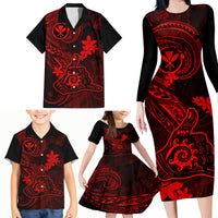 Hawaii Family Matching Long Sleeve Bodycon Dress and Hawaiian Shirt Shaka Tattoo Mix Polynesian Plumeria Red Version - Wonder Print Shop