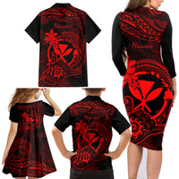 Hawaii Family Matching Long Sleeve Bodycon Dress and Hawaiian Shirt Shaka Tattoo Mix Polynesian Plumeria Red Version - Wonder Print Shop