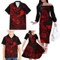 Hawaii Family Matching Off Shoulder Long Sleeve Dress and Hawaiian Shirt Shaka Tattoo Mix Polynesian Plumeria Red Version - Wonder Print Shop