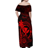 Hawaii Family Matching Off Shoulder Maxi Dress and Hawaiian Shirt Shaka Tattoo Mix Polynesian Plumeria Red Version - Wonder Print Shop