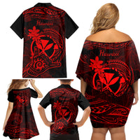 Hawaii Family Matching Off Shoulder Short Dress and Hawaiian Shirt Shaka Tattoo Mix Polynesian Plumeria Red Version - Wonder Print Shop
