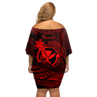 Hawaii Family Matching Off Shoulder Short Dress and Hawaiian Shirt Shaka Tattoo Mix Polynesian Plumeria Red Version - Wonder Print Shop