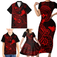 Hawaii Family Matching Short Sleeve Bodycon Dress and Hawaiian Shirt Shaka Tattoo Mix Polynesian Plumeria Red Version - Wonder Print Shop