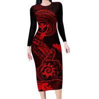 Hawaii Long Sleeve Bodycon Dress Shaka Tattoo Mix Polynesian Plumeria Red Version - Wonder Print Shop