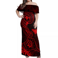 Hawaii Off Shoulder Maxi Dress Shaka Tattoo Mix Polynesian Plumeria Red Version - Wonder Print Shop