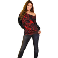 Hawaii Off Shoulder Sweater Shaka Tattoo Mix Polynesian Plumeria Red Version - Wonder Print Shop