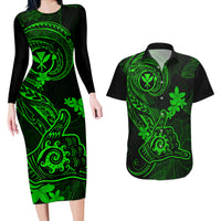 Hawaii Couples Matching Long Sleeve Bodycon Dress and Hawaiian Shirt Shaka Tattoo Mix Polynesian Plumeria Green Version - Wonder Print Shop