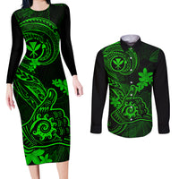 Hawaii Couples Matching Long Sleeve Bodycon Dress and Long Sleeve Button Shirts Shaka Tattoo Mix Polynesian Plumeria Green Version - Wonder Print Shop