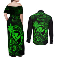 Hawaii Couples Matching Off Shoulder Maxi Dress and Long Sleeve Button Shirts Shaka Tattoo Mix Polynesian Plumeria Green Version - Wonder Print Shop