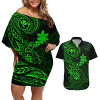 Hawaii Couples Matching Off Shoulder Short Dress and Hawaiian Shirt Shaka Tattoo Mix Polynesian Plumeria Green Version - Wonder Print Shop