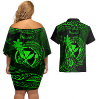 Hawaii Couples Matching Off Shoulder Short Dress and Hawaiian Shirt Shaka Tattoo Mix Polynesian Plumeria Green Version - Wonder Print Shop