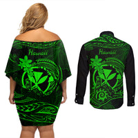 Hawaii Couples Matching Off Shoulder Short Dress and Long Sleeve Button Shirts Shaka Tattoo Mix Polynesian Plumeria Green Version - Wonder Print Shop