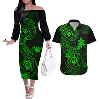 Hawaii Couples Matching Off The Shoulder Long Sleeve Dress and Hawaiian Shirt Shaka Tattoo Mix Polynesian Plumeria Green Version - Wonder Print Shop