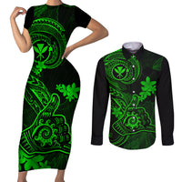 Hawaii Couples Matching Short Sleeve Bodycon Dress and Long Sleeve Button Shirts Shaka Tattoo Mix Polynesian Plumeria Green Version - Wonder Print Shop