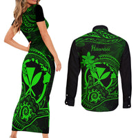 Hawaii Couples Matching Short Sleeve Bodycon Dress and Long Sleeve Button Shirts Shaka Tattoo Mix Polynesian Plumeria Green Version - Wonder Print Shop