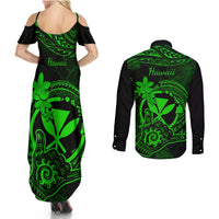 Hawaii Couples Matching Summer Maxi Dress and Long Sleeve Button Shirts Shaka Tattoo Mix Polynesian Plumeria Green Version - Wonder Print Shop