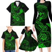 Hawaii Family Matching Long Sleeve Bodycon Dress and Hawaiian Shirt Shaka Tattoo Mix Polynesian Plumeria Green Version - Wonder Print Shop