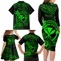 Hawaii Family Matching Long Sleeve Bodycon Dress and Hawaiian Shirt Shaka Tattoo Mix Polynesian Plumeria Green Version - Wonder Print Shop