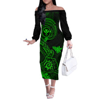 Hawaii Family Matching Off Shoulder Long Sleeve Dress and Hawaiian Shirt Shaka Tattoo Mix Polynesian Plumeria Green Version - Wonder Print Shop