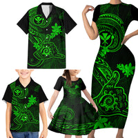 Hawaii Family Matching Short Sleeve Bodycon Dress and Hawaiian Shirt Shaka Tattoo Mix Polynesian Plumeria Green Version - Wonder Print Shop